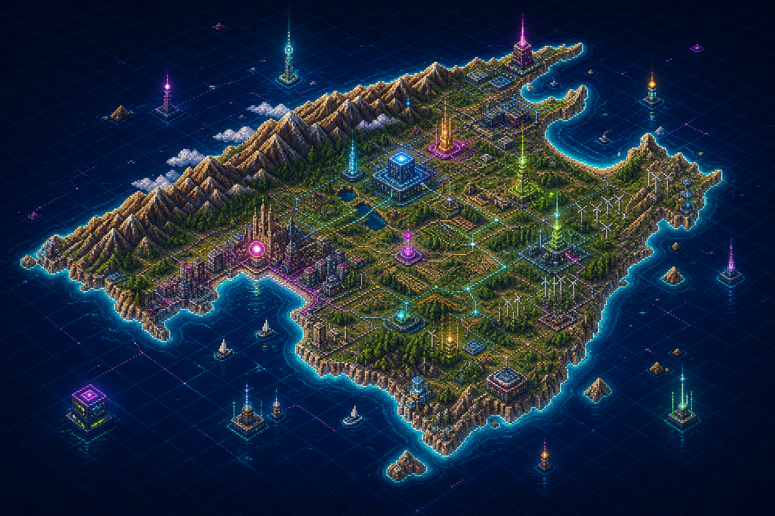 Mallorca reinterpretada como isla pixel-art cyberpunk